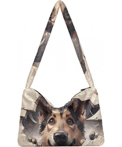 Ocean Starfish Plush Underarm Bag, Tote Handbag, Womens Outdoor Bag Cute Dog Behind Beige Broken Wall $13.74 Shoulder Bags