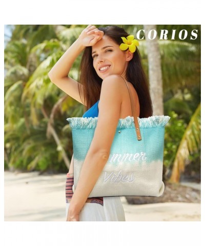 Women Tote Bag Summer Vibe Beach Bag Bohemian Hobo Bag with Tassels Cute Shoulder Bag Canvas Top Handle Bag Handbag Light Blu...