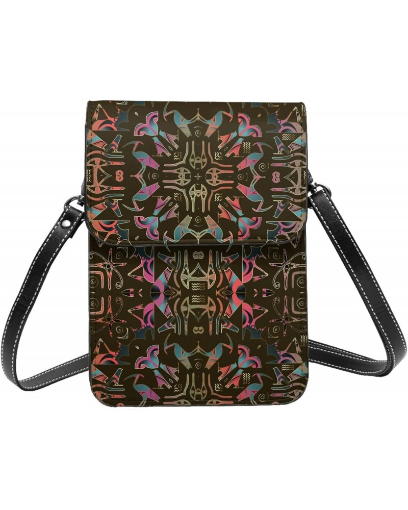 Egyptian Hieroglyph Ethnic Colorful Abstract Small Crossbody Cell Phone Purse for Women Mini Messenger Leather Shoulder Walle...