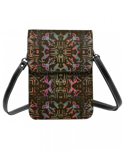 Egyptian Hieroglyph Ethnic Colorful Abstract Small Crossbody Cell Phone Purse for Women Mini Messenger Leather Shoulder Walle...