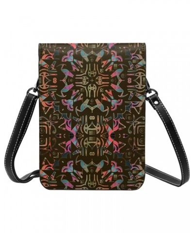 Egyptian Hieroglyph Ethnic Colorful Abstract Small Crossbody Cell Phone Purse for Women Mini Messenger Leather Shoulder Walle...