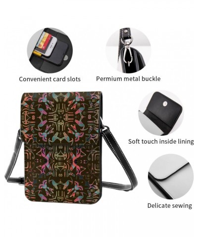 Egyptian Hieroglyph Ethnic Colorful Abstract Small Crossbody Cell Phone Purse for Women Mini Messenger Leather Shoulder Walle...