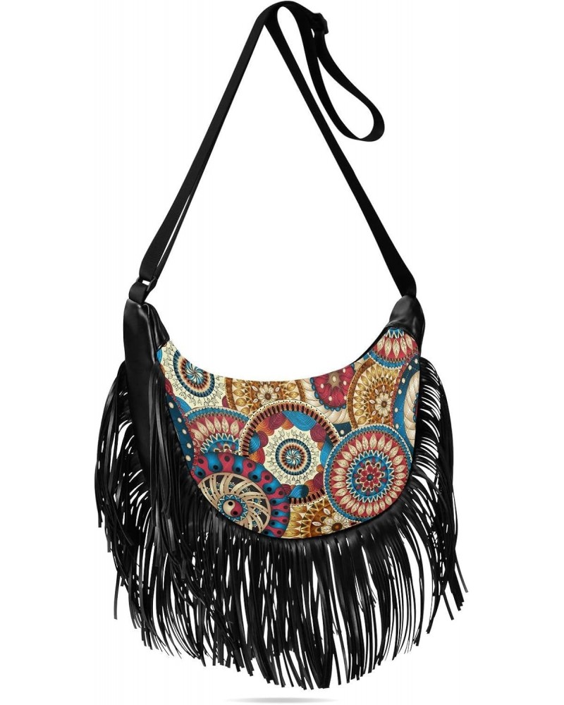 Circles Ethnic Colored Floral Fringe Bag for Women Cross Body Bag Tassel Shoulder Bag Satchel $14.30 Crossbody Bags