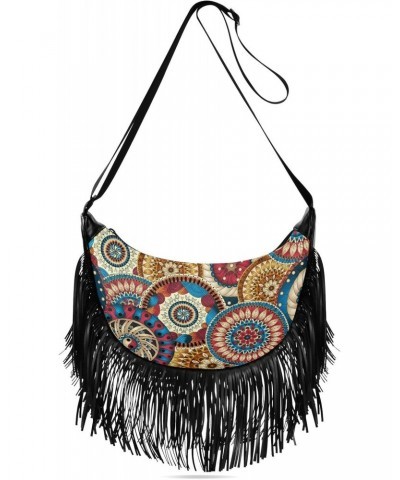 Circles Ethnic Colored Floral Fringe Bag for Women Cross Body Bag Tassel Shoulder Bag Satchel $14.30 Crossbody Bags