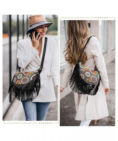 Circles Ethnic Colored Floral Fringe Bag for Women Cross Body Bag Tassel Shoulder Bag Satchel $14.30 Crossbody Bags