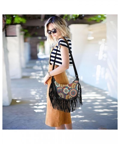 Circles Ethnic Colored Floral Fringe Bag for Women Cross Body Bag Tassel Shoulder Bag Satchel $14.30 Crossbody Bags