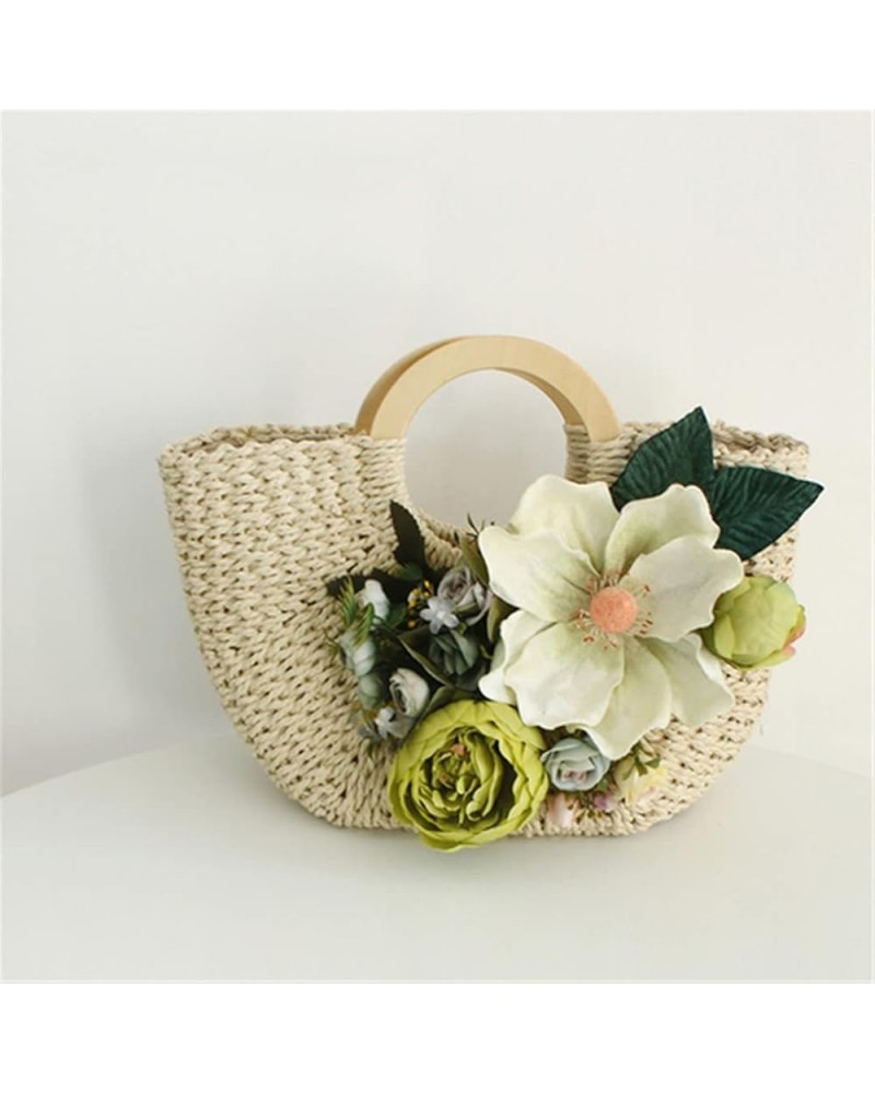 Handmade Straw Handbag Ladies Wooden Ring Handle Flower Braided Travel Bag L37xH22 cm 7 $42.45 Handbags