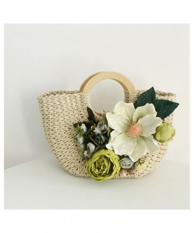 Handmade Straw Handbag Ladies Wooden Ring Handle Flower Braided Travel Bag L37xH22 cm 7 $42.45 Handbags