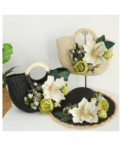 Handmade Straw Handbag Ladies Wooden Ring Handle Flower Braided Travel Bag L37xH22 cm 7 $42.45 Handbags