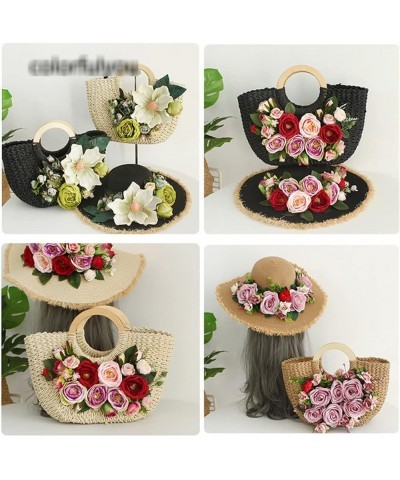 Handmade Straw Handbag Ladies Wooden Ring Handle Flower Braided Travel Bag L37xH22 cm 7 $42.45 Handbags