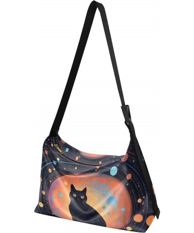 Space Black Cat Hobo Shoulder Bag for Women Men PU Leather Crossbody Bag Slouchy Tote Handbags for Shopping Working Traveling...