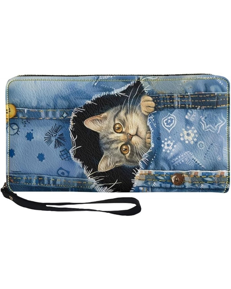 Cute Denim Squirrel Print Portable Leather Purse for Women Casual Clutch Leather Wallet Pouch Change Handbag with Wristlet Zi...