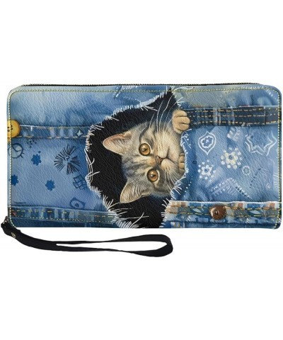 Cute Denim Squirrel Print Portable Leather Purse for Women Casual Clutch Leather Wallet Pouch Change Handbag with Wristlet Zi...