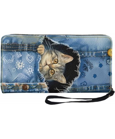 Cute Denim Squirrel Print Portable Leather Purse for Women Casual Clutch Leather Wallet Pouch Change Handbag with Wristlet Zi...