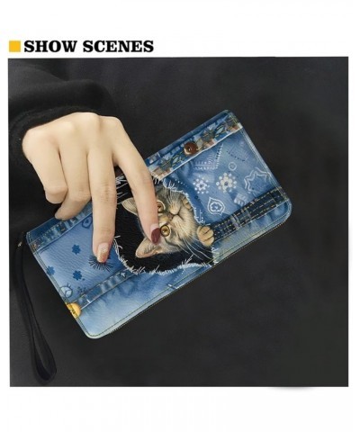 Cute Denim Squirrel Print Portable Leather Purse for Women Casual Clutch Leather Wallet Pouch Change Handbag with Wristlet Zi...