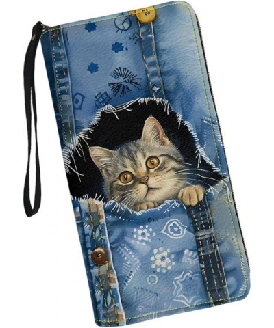 Cute Denim Squirrel Print Portable Leather Purse for Women Casual Clutch Leather Wallet Pouch Change Handbag with Wristlet Zi...