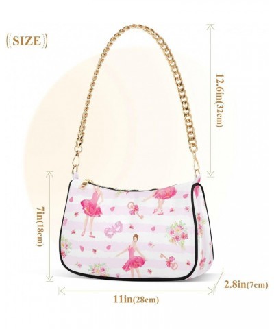 Cute Ballerinas Flowers Shoulder Bag for Women Fabric Crescent Handbag with Zipper Chain Clutch Purses for Party Concert Teen...