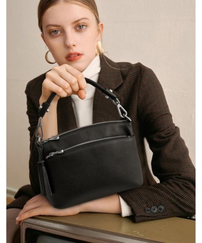 Small Genuine Leather Top Handle Handbags for Women Shoulder Bag Crossbody Purse A-black-medium $25.42 Crossbody Bags