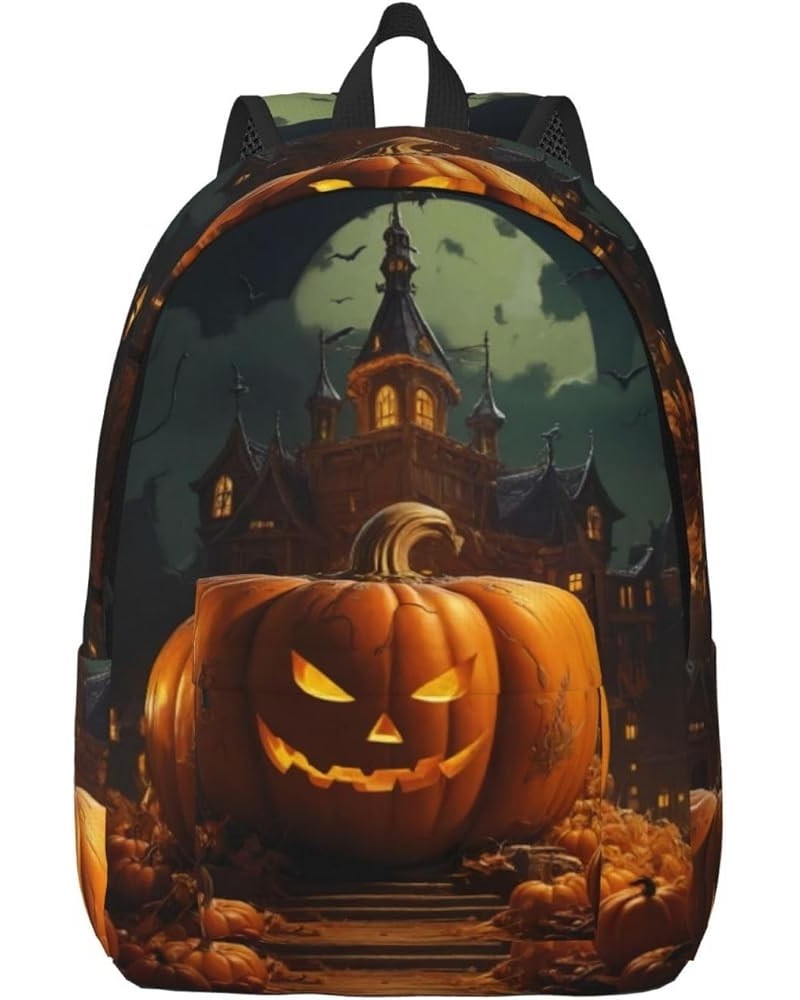 Pumpkin Halloween Print Casual Double Shoulder Daypack,Anti-Theft Travel Canvas Backpack For Men And Women Black Medium $22.4...