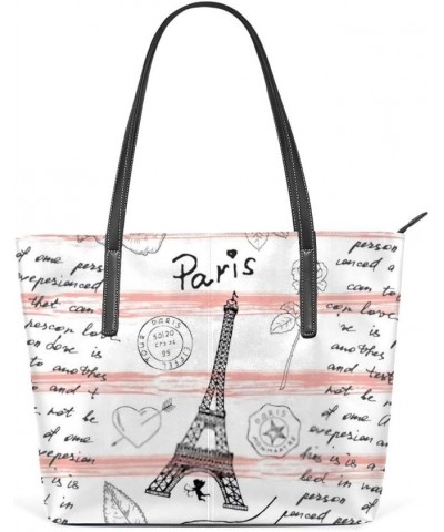 Women Handbags Tote Bag Large Capacity Zippered Shoulder Bag ﻿Vintage pattern with Eiffel Tower PU Leather Ladies Handle Satc...