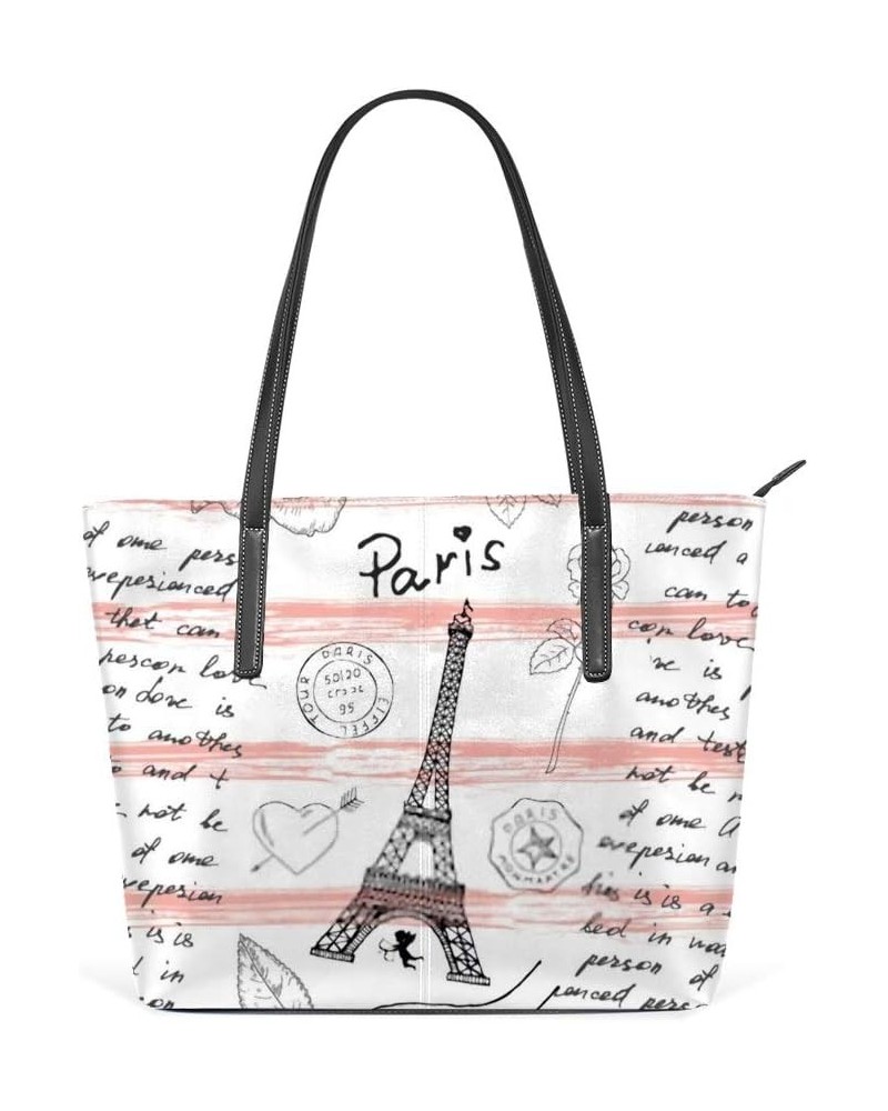 Women Handbags Tote Bag Large Capacity Zippered Shoulder Bag ﻿Vintage pattern with Eiffel Tower PU Leather Ladies Handle Satc...