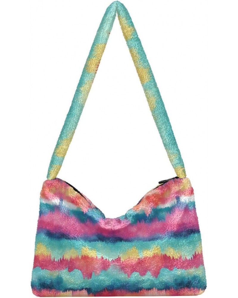 Watercolor Tie Dye Stripe Pattern Plush Underarm Bag Women's Tote Handbags Fluffy Shoulder Bag for Autumn and Winter $13.67 S...