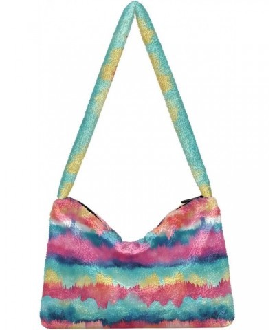 Watercolor Tie Dye Stripe Pattern Plush Underarm Bag Women's Tote Handbags Fluffy Shoulder Bag for Autumn and Winter $13.67 S...