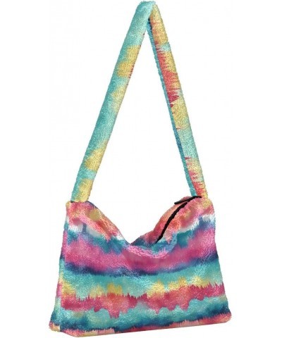 Watercolor Tie Dye Stripe Pattern Plush Underarm Bag Women's Tote Handbags Fluffy Shoulder Bag for Autumn and Winter $13.67 S...