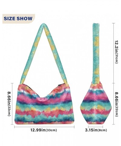 Watercolor Tie Dye Stripe Pattern Plush Underarm Bag Women's Tote Handbags Fluffy Shoulder Bag for Autumn and Winter $13.67 S...