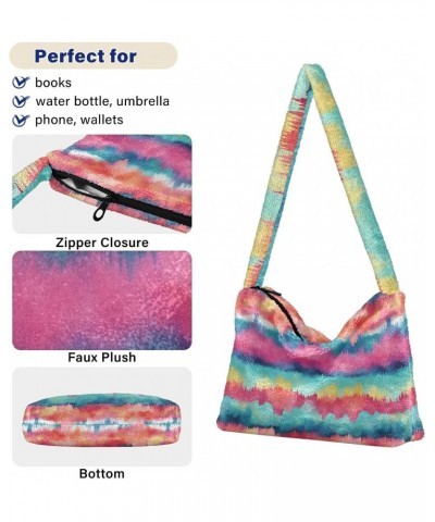 Watercolor Tie Dye Stripe Pattern Plush Underarm Bag Women's Tote Handbags Fluffy Shoulder Bag for Autumn and Winter $13.67 S...