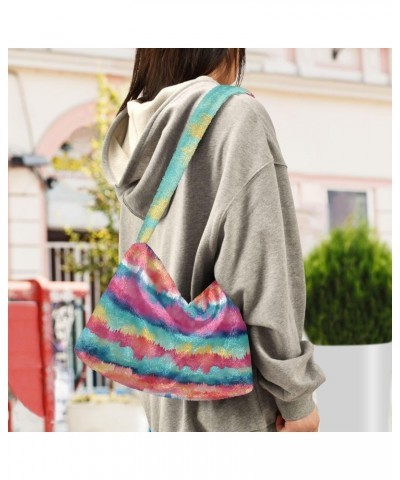 Watercolor Tie Dye Stripe Pattern Plush Underarm Bag Women's Tote Handbags Fluffy Shoulder Bag for Autumn and Winter $13.67 S...