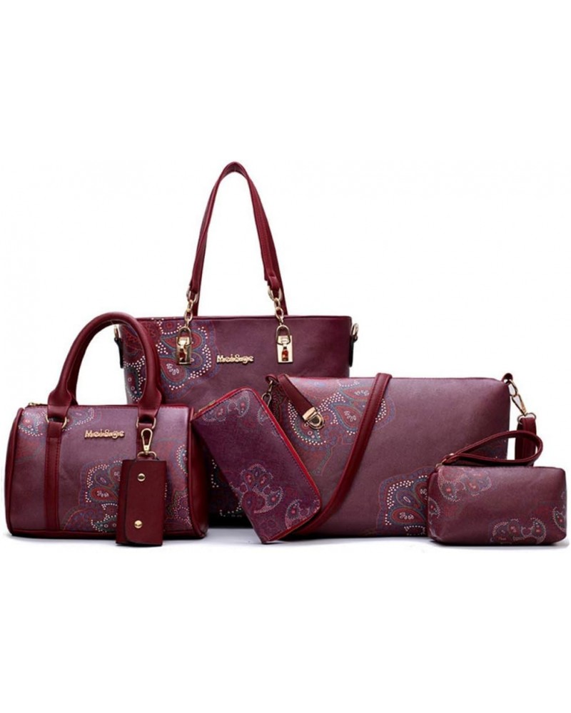 Women Handbag Set 6 Pcs PU Leather Tote Purse Set Multi-purpose Elegant Crossbody Shoulder Bags and Clutch Black Burgundy $44...