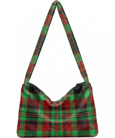 Plush Underarm Bag-Plaid in Red Green Black Christmas223, Ladies Fluffy Shoulder Bag, Women Fluffy Tote Bag for Autumn and Wi...