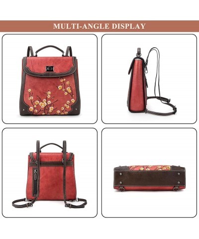 Vintage Women's Embossed Backpack Lightweight Casual Daypack Ladies Genuine Leather Handbag Shoulder Bags Red $62.15 Backpacks