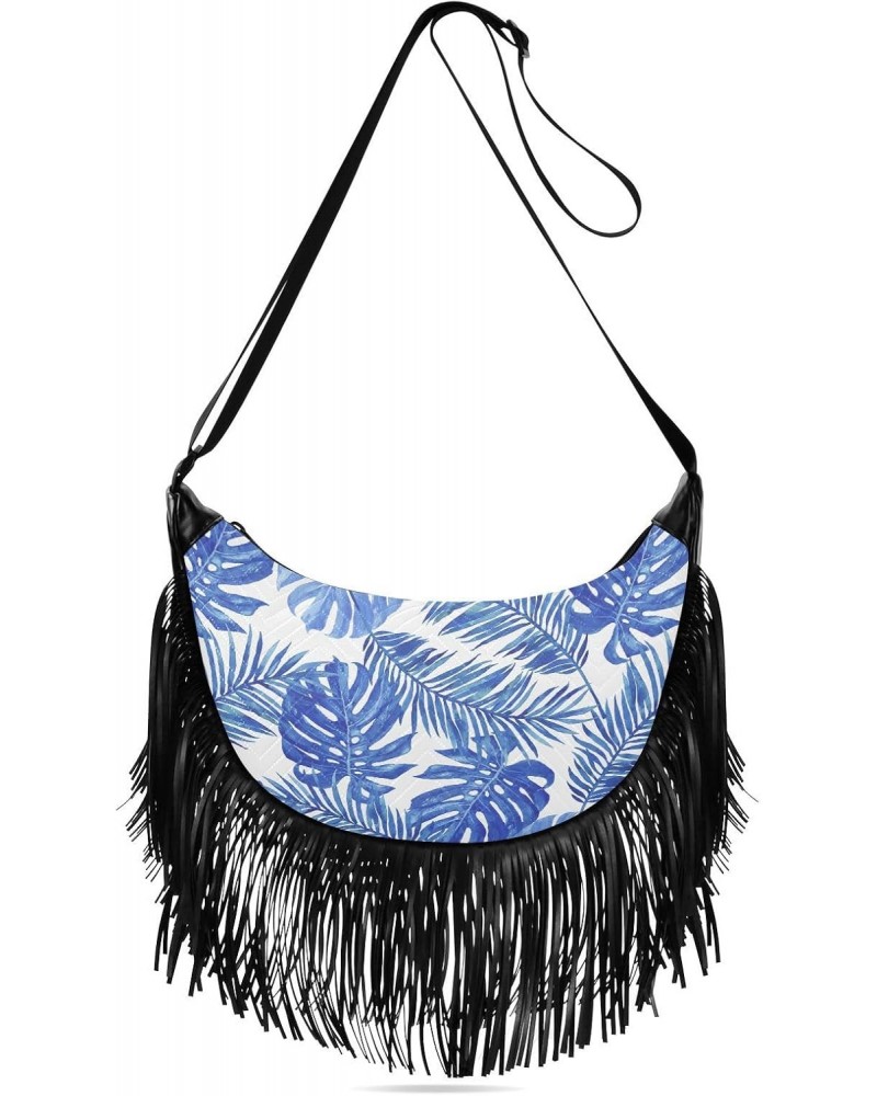 Artistic Blue Palm Tassel Crossbody Bag with Adjustable Strap and Zipper Crossbody Handbag for Women $14.55 Crossbody Bags