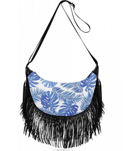 Artistic Blue Palm Tassel Crossbody Bag with Adjustable Strap and Zipper Crossbody Handbag for Women $14.55 Crossbody Bags