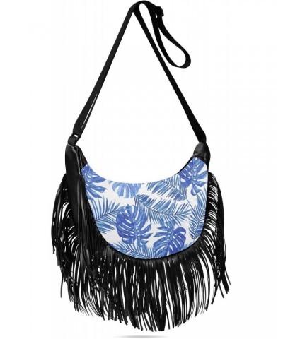 Artistic Blue Palm Tassel Crossbody Bag with Adjustable Strap and Zipper Crossbody Handbag for Women $14.55 Crossbody Bags