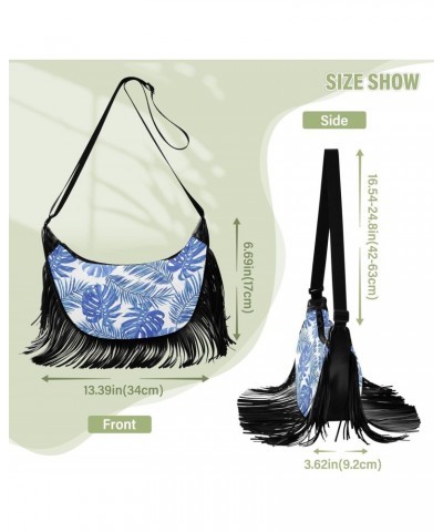 Artistic Blue Palm Tassel Crossbody Bag with Adjustable Strap and Zipper Crossbody Handbag for Women $14.55 Crossbody Bags