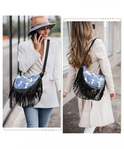 Artistic Blue Palm Tassel Crossbody Bag with Adjustable Strap and Zipper Crossbody Handbag for Women $14.55 Crossbody Bags