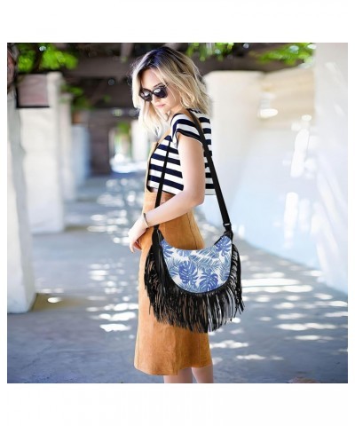 Artistic Blue Palm Tassel Crossbody Bag with Adjustable Strap and Zipper Crossbody Handbag for Women $14.55 Crossbody Bags