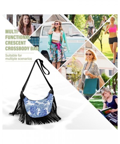 Artistic Blue Palm Tassel Crossbody Bag with Adjustable Strap and Zipper Crossbody Handbag for Women $14.55 Crossbody Bags