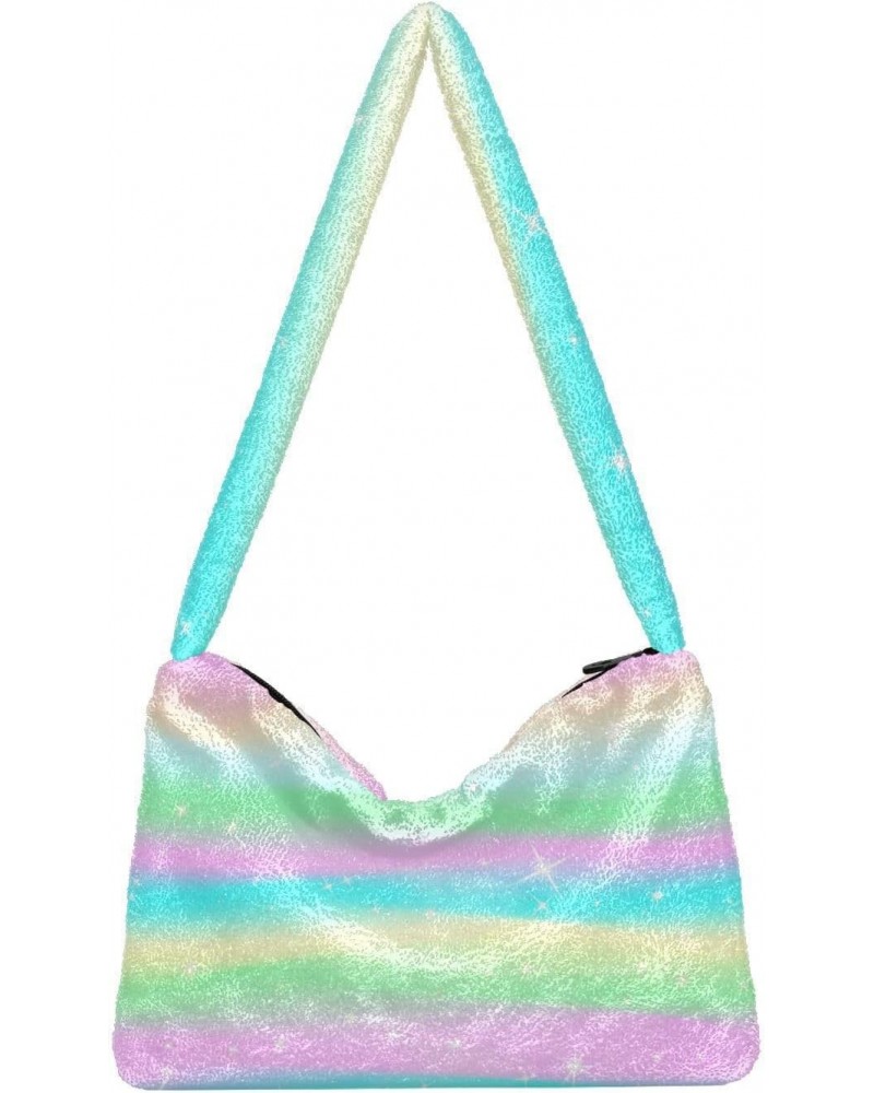 Shiny Rainbow Tie Dye Fluffy Crossbody Bag Furry Tote Bags for Women Fuzzy Purse Handbag Lady Shoulder Bag Large Plush Bag wi...