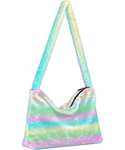 Shiny Rainbow Tie Dye Fluffy Crossbody Bag Furry Tote Bags for Women Fuzzy Purse Handbag Lady Shoulder Bag Large Plush Bag wi...