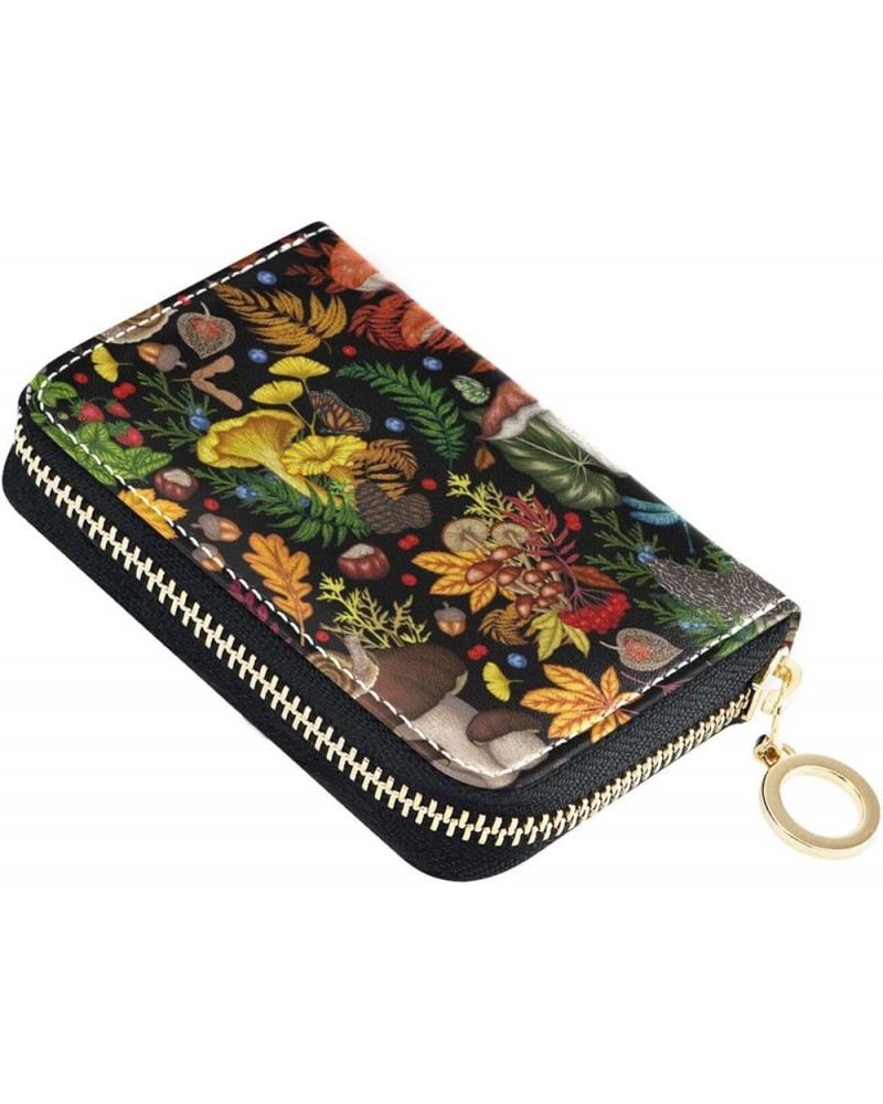 Blue Fire Dragon RFID Credit Card Holder Leather With Zipper Card Case Wallet for Women Girls Mushrooms Plants Insects Berrie...