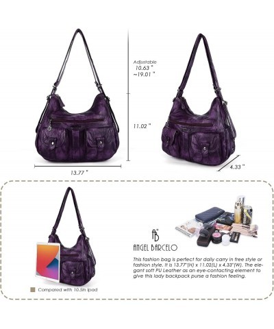 Women Multifunctional Soft Leather Handbag Purses Shoulder Hobo Backpack Crossbody Zipper Bag with Pocket Fashion Purple $20....