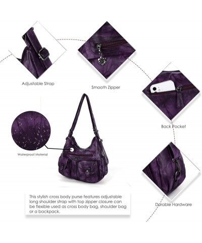 Women Multifunctional Soft Leather Handbag Purses Shoulder Hobo Backpack Crossbody Zipper Bag with Pocket Fashion Purple $20....