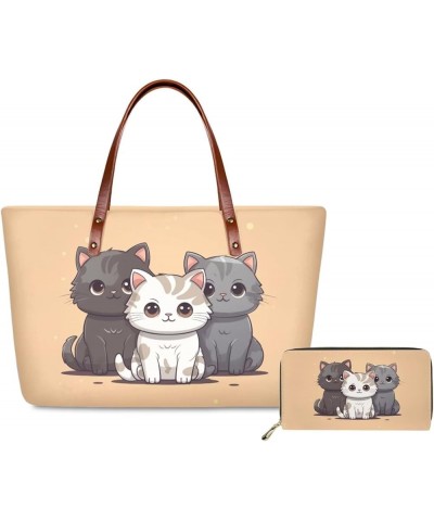 Tote Purse and Wallet Set,Large Handbags Storage Top Handle Shoulder Bag and Long Leather Wallet Cat $24.01 Evening Bags