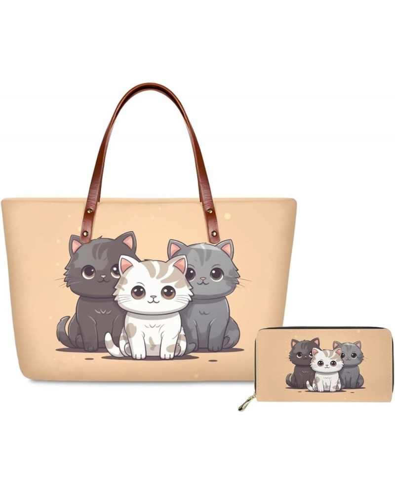 Tote Purse and Wallet Set,Large Handbags Storage Top Handle Shoulder Bag and Long Leather Wallet Cat $24.01 Evening Bags