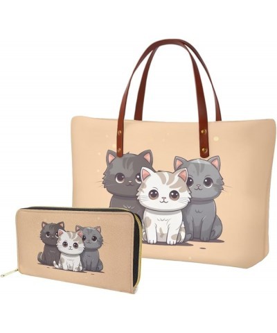 Tote Purse and Wallet Set,Large Handbags Storage Top Handle Shoulder Bag and Long Leather Wallet Cat $24.01 Evening Bags