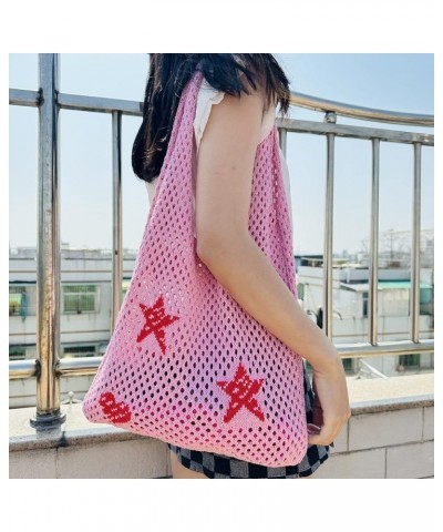 Crochet Tote Bag Fairy Grunge Aesthetic Tote Bag Fairycore Hobo Bag for Women Mesh Beach Bags Y2k Accessories Pink $10.25 Totes